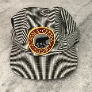 Vintage Algoma Central Railway Hat Cap Snap Back Striped Mens Patch Railroad 90s